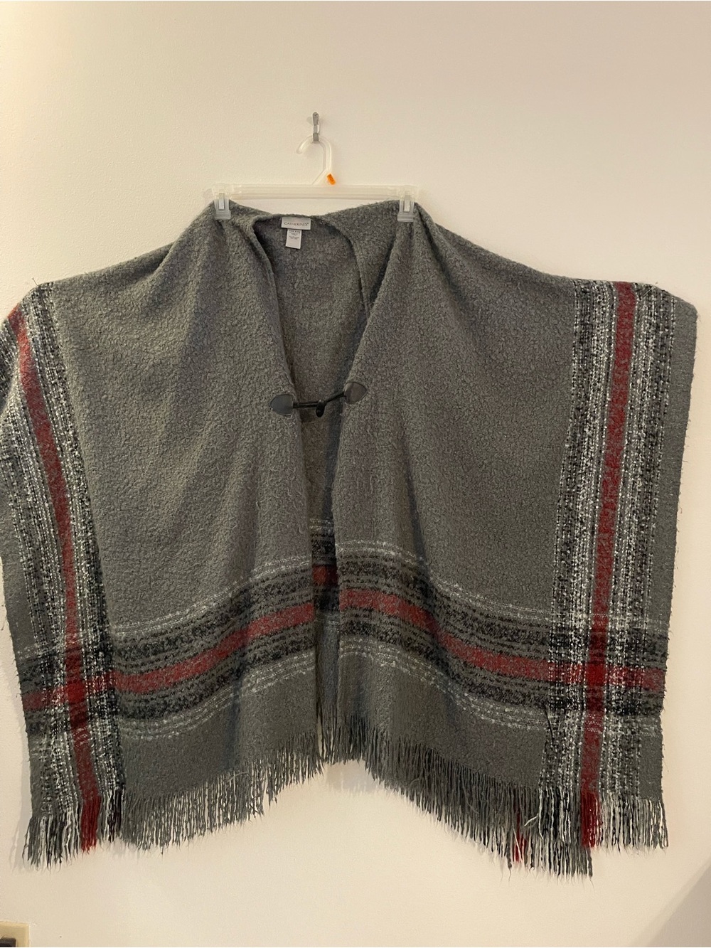 Catherines Gray Fringe Poncho with Red Stripe Accents